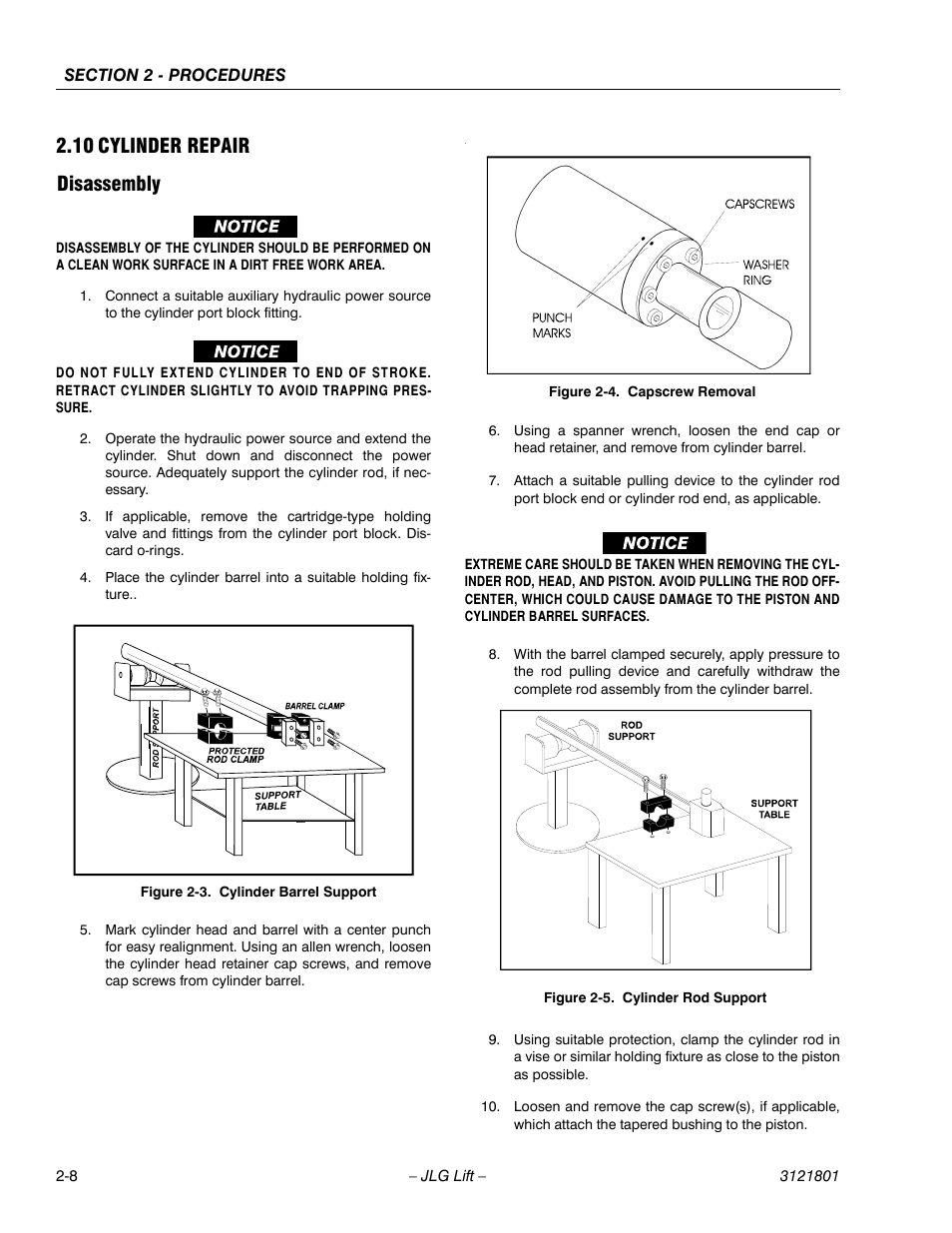 10 cylinder repair, Disassembly, Cylinder repair -8 | Cylinder barrel support -8, Capscrew removal -8, Cylinder rod support -8, 10 cylinder repair disassembly | JLG 260MRT Service Manual User Manual | Page 30 / 106