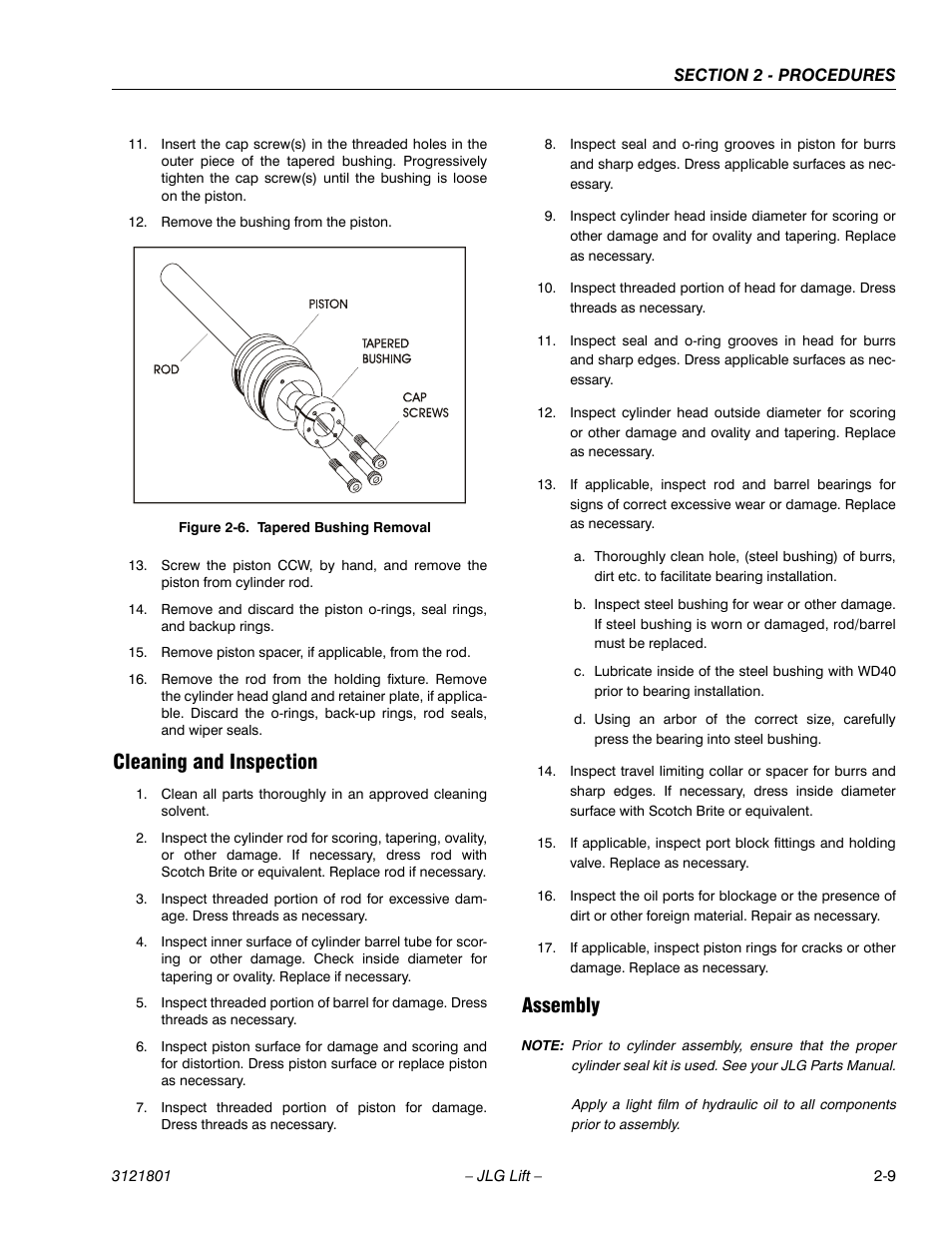 Cleaning and inspection, Assembly, Tapered bushing removal -9 | JLG 260MRT Service Manual User Manual | Page 31 / 106