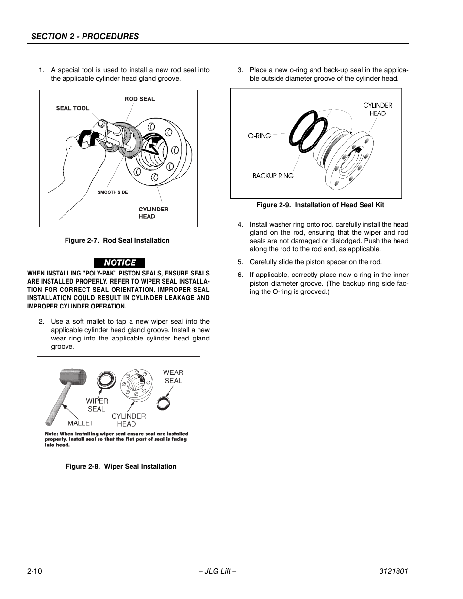 Rod seal installation -10, Wiper seal installation -10, Installation of head seal kit -10 | JLG 260MRT Service Manual User Manual | Page 32 / 106