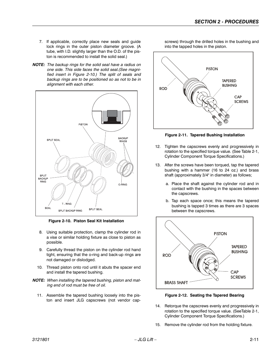 Piston seal kit installation -11, Tapered bushing installation -11, Seating the tapered bearing -11 | JLG 260MRT Service Manual User Manual | Page 33 / 106