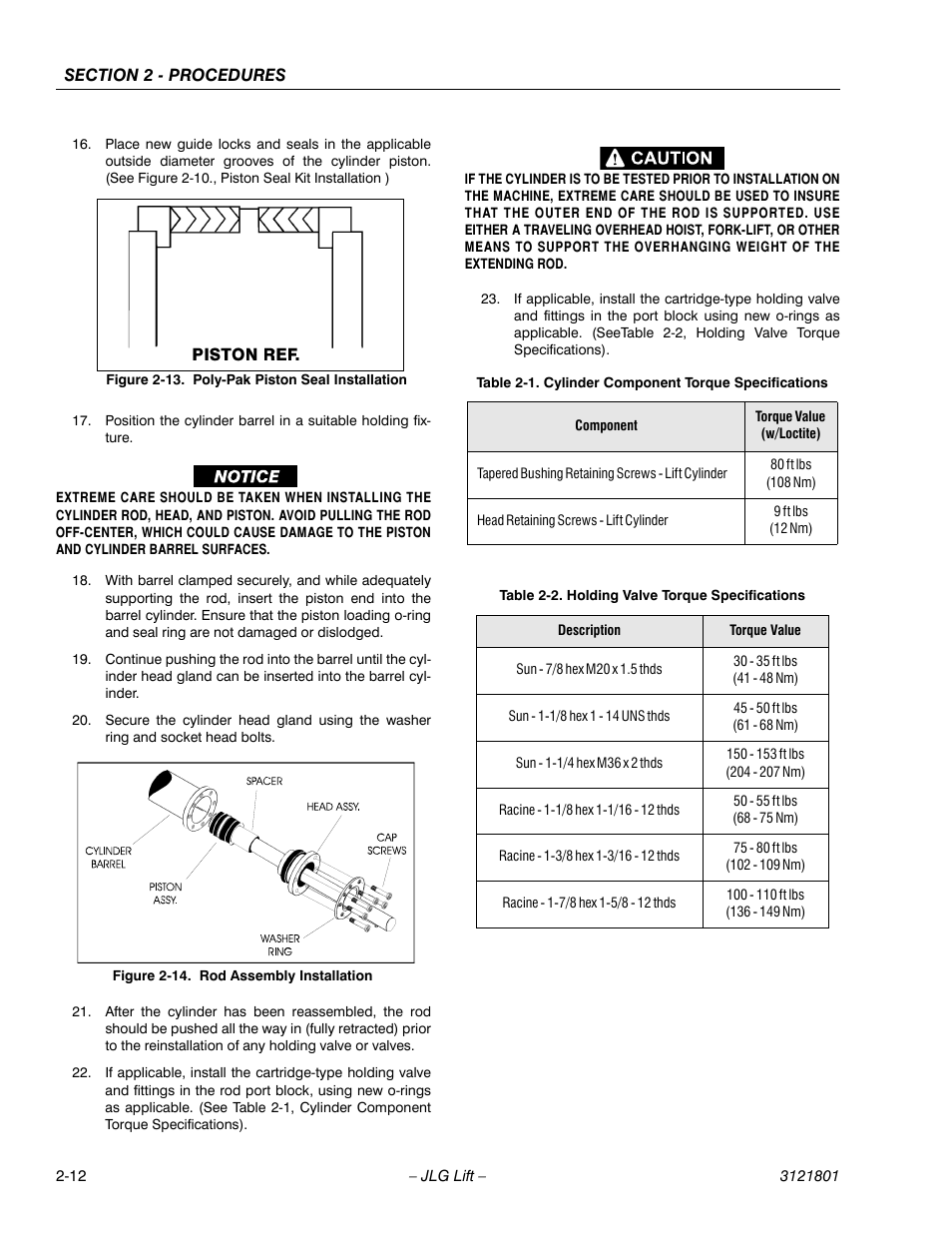 Poly-pak piston seal installation -12, Rod assembly installation -12, Cylinder component torque specifications -12 | Holding valve torque specifications -12 | JLG 260MRT Service Manual User Manual | Page 34 / 106