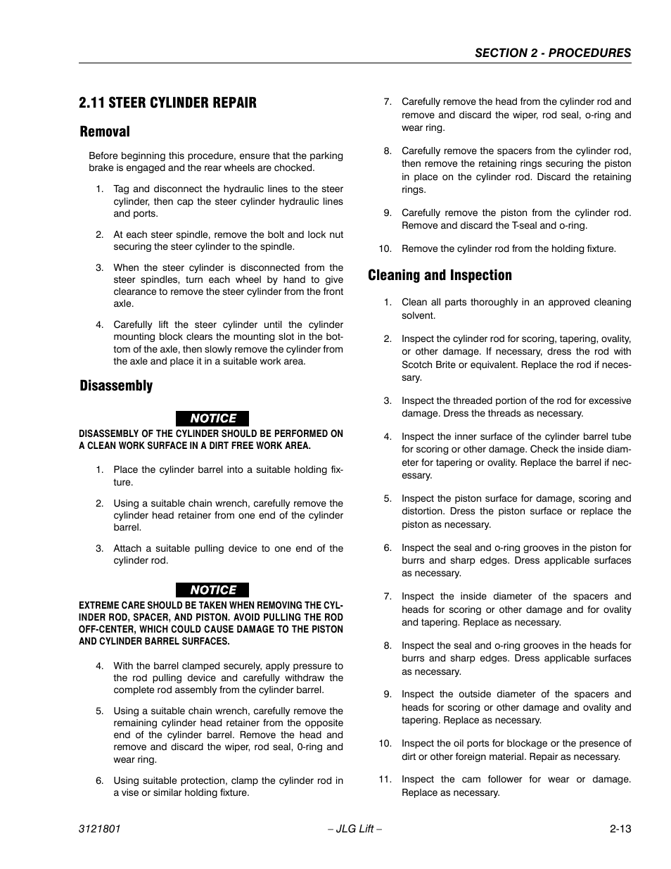 11 steer cylinder repair, Removal, Disassembly | Cleaning and inspection, Steer cylinder repair -13, 11 steer cylinder repair removal | JLG 260MRT Service Manual User Manual | Page 35 / 106