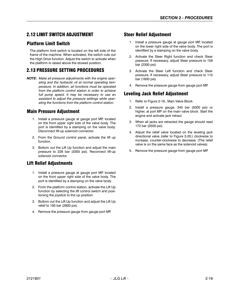 12 limit switch adjustment, Platform limit switch, 13 pressure setting procedures | Main pressure adjustment, Lift relief adjustments, Steer relief adjustment, Leveling jack relief adjustment, 12 limit switch adjustment platform limit switch | JLG 260MRT Service Manual User Manual | Page 41 / 106