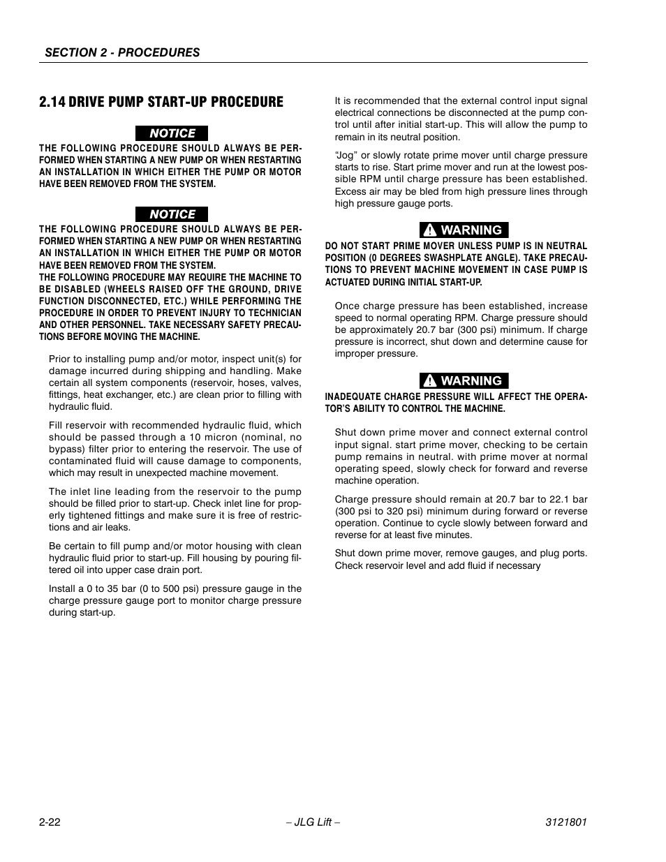 14 drive pump start-up procedure, Drive pump start-up procedure -21 | JLG 260MRT Service Manual User Manual | Page 44 / 106