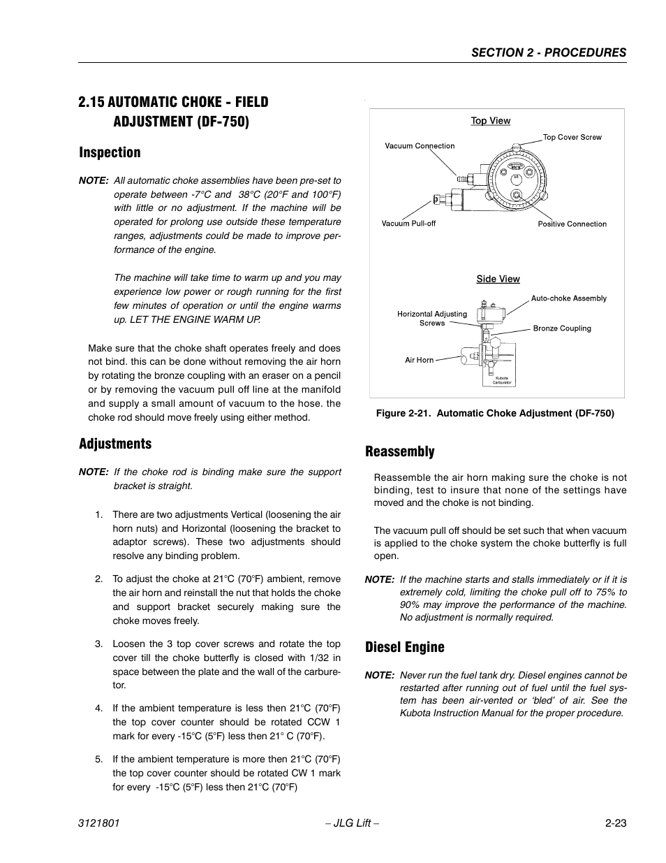 15 automatic choke - field adjustment (df-750), Inspection, Adjustments | Reassembly, Diesel engine, Automatic choke - field adjustment (df-750) -22, Automatic choke adjustment (df-750) -22 | JLG 260MRT Service Manual User Manual | Page 45 / 106