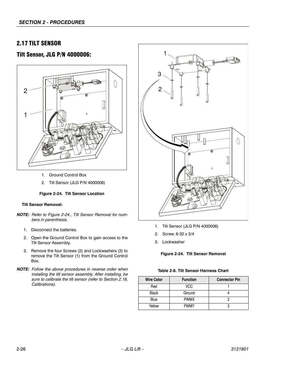 17 tilt sensor, Tilt sensor, jlg p/n 4000006, Tilt sensor -25 | Tilt sensor location -25, Tilt sensor removal -25, Tilt sensor harness chart -25 | JLG 260MRT Service Manual User Manual | Page 48 / 106