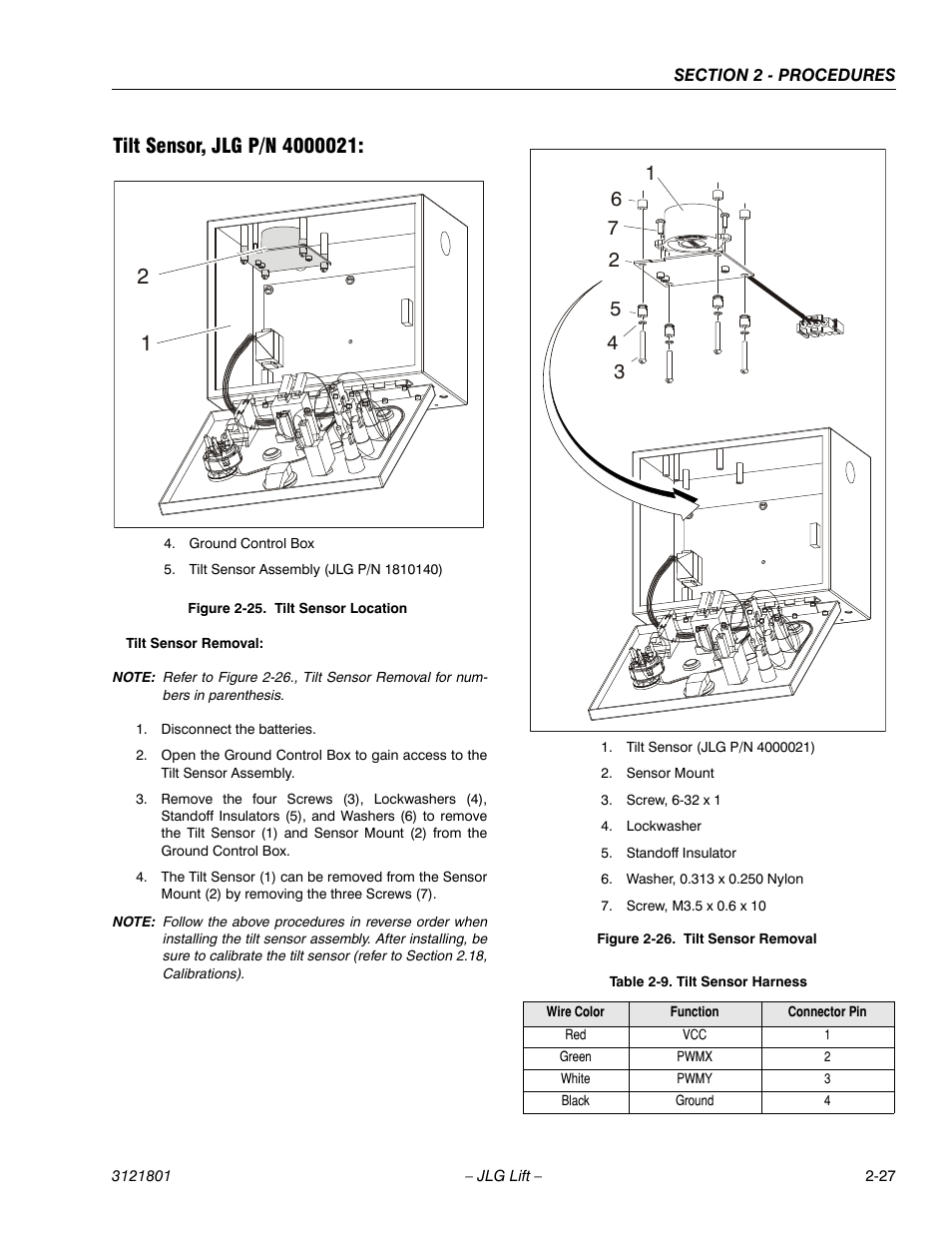 Tilt sensor, jlg p/n 4000021, Tilt sensor location -26, Tilt sensor removal -26 | Tilt sensor harness -26 | JLG 260MRT Service Manual User Manual | Page 49 / 106