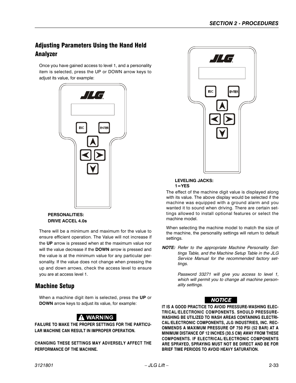 Adjusting parameters using the hand held analyzer, Machine setup | JLG 260MRT Service Manual User Manual | Page 55 / 106