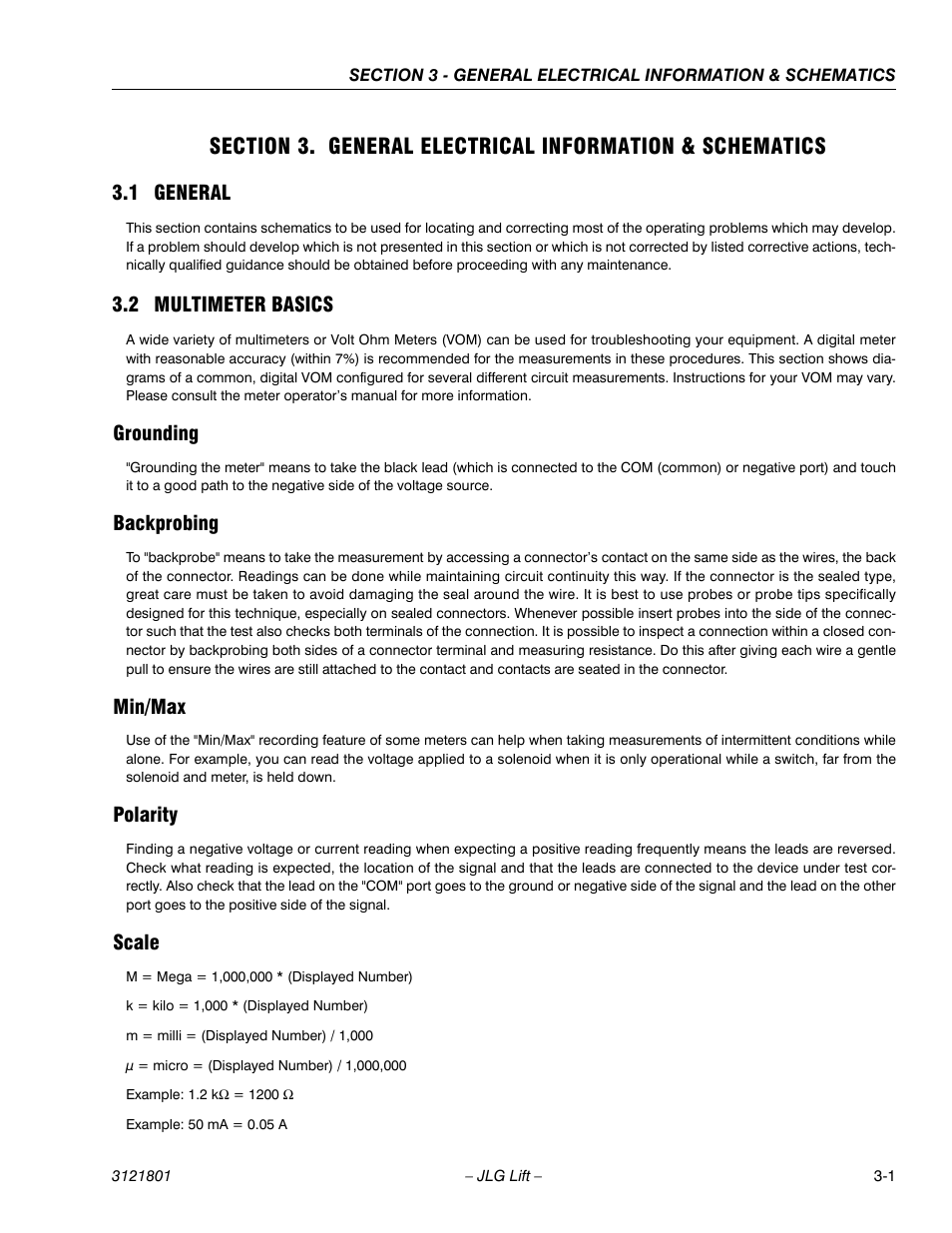 1 general, 2 multimeter basics, Grounding | Backprobing, Min/max, Polarity, Scale, General -1, Multimeter basics -1 | JLG 260MRT Service Manual User Manual | Page 67 / 106