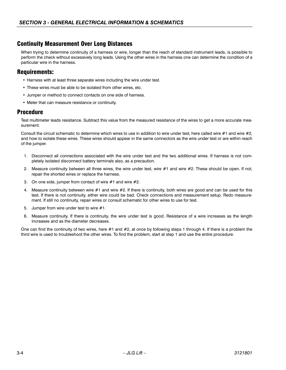 Continuity measurement over long distances, Requirements, Procedure | JLG 260MRT Service Manual User Manual | Page 70 / 106