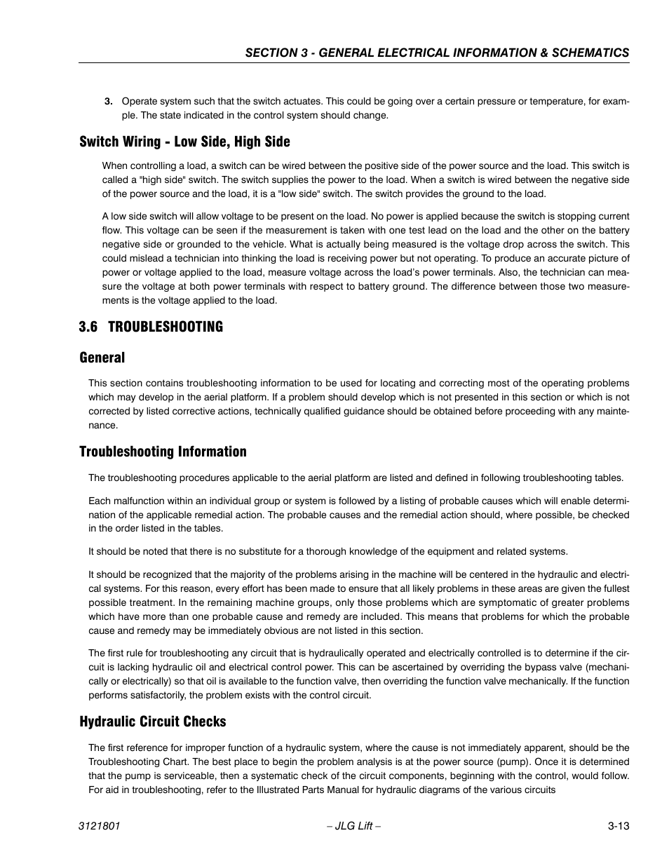 Switch wiring - low side, high side, 6 troubleshooting, General | Troubleshooting information, Hydraulic circuit checks, Troubleshooting -13, 6 troubleshooting general | JLG 260MRT Service Manual User Manual | Page 79 / 106