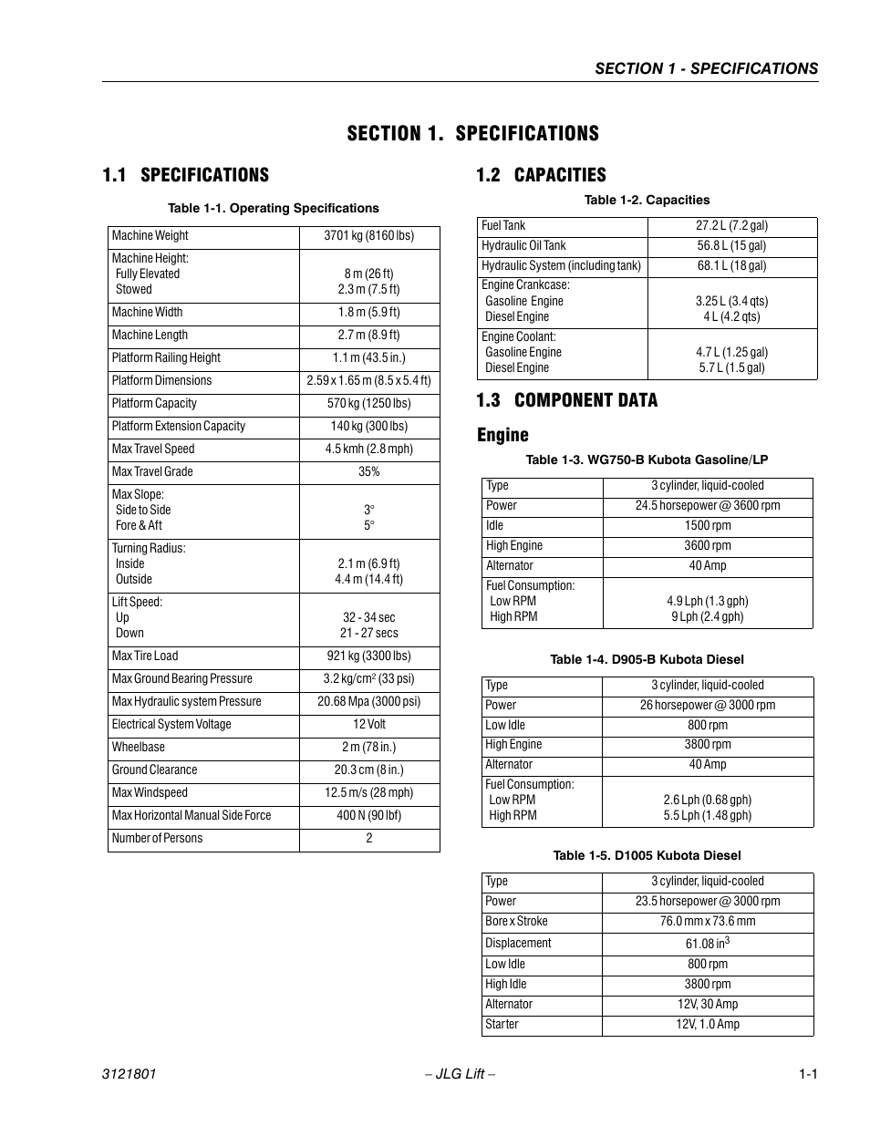 Section 1. specifications, 1 specifications, 2 capacities | 3 component data, Engine, Section 1 - specifications, Specifications -1, Capacities -1, Component data -1, Operating specifications -1 | JLG 260MRT Service Manual User Manual | Page 9 / 106