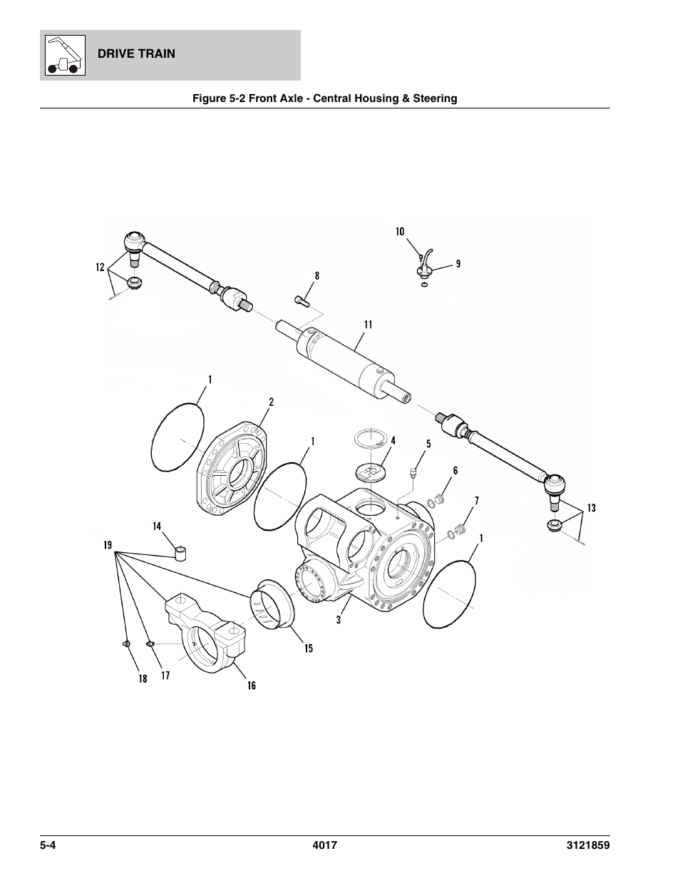 Figure 5-2 front axle - central housing & steering, Front axle - central housing & steering -4, Using & steering, (see figure 5-2 for details) | JLG 4017 Parts Manual User Manual | Page 136 / 357
