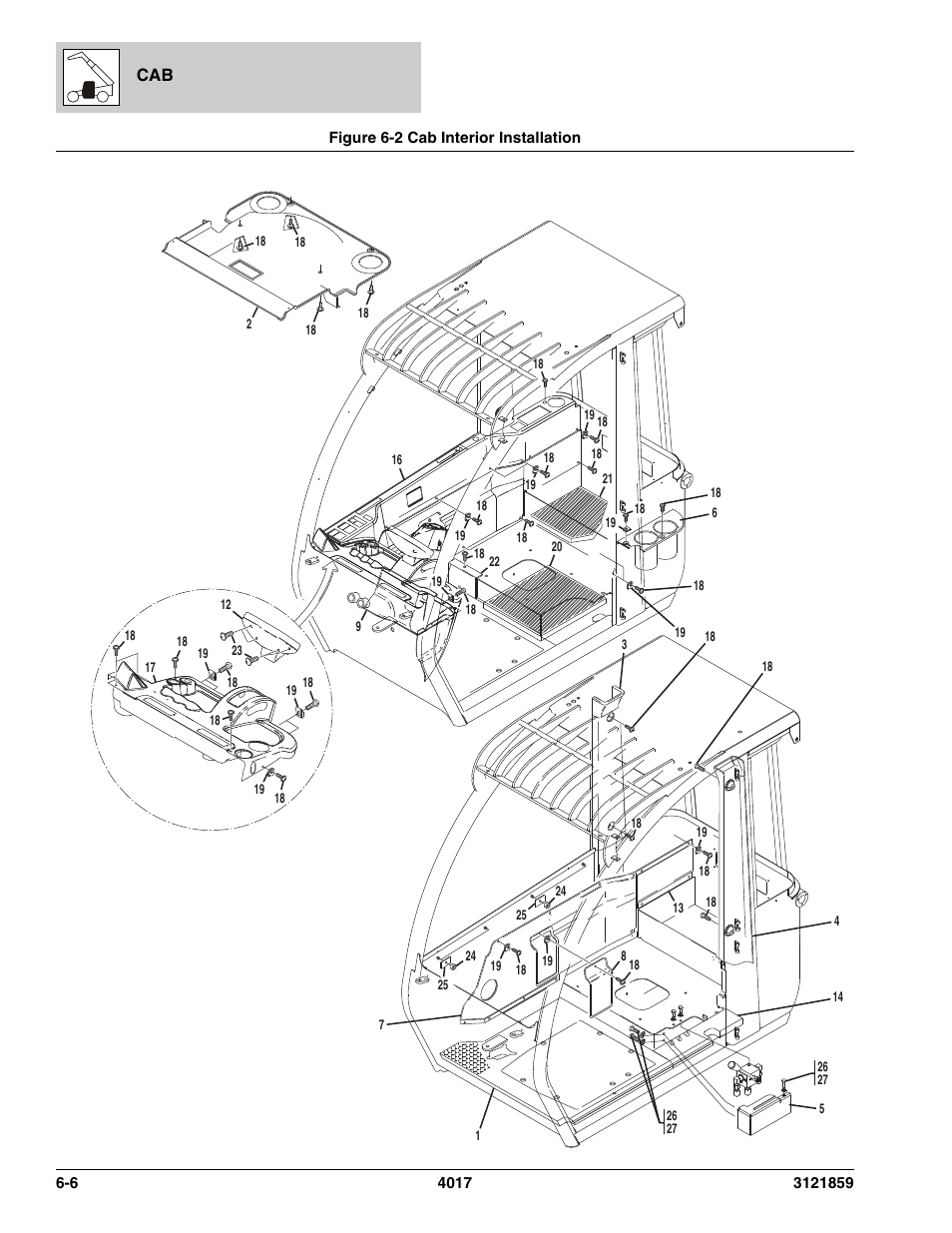 Figure 6-2 cab interior installation, Cab interior installation -6, Nterior assy, (see figure 6-2 for details) | JLG 4017 Parts Manual User Manual | Page 166 / 357