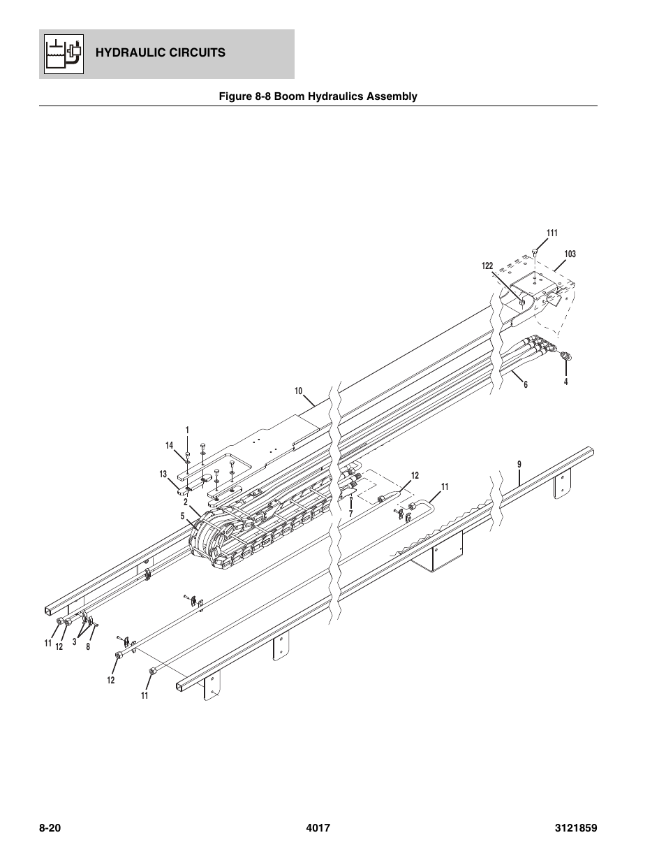 Figure 8-8 boom hydraulics assembly, Boom hydraulics assembly -20, Lics assy, (see figure 8-8 for details) | JLG 4017 Parts Manual User Manual | Page 210 / 357