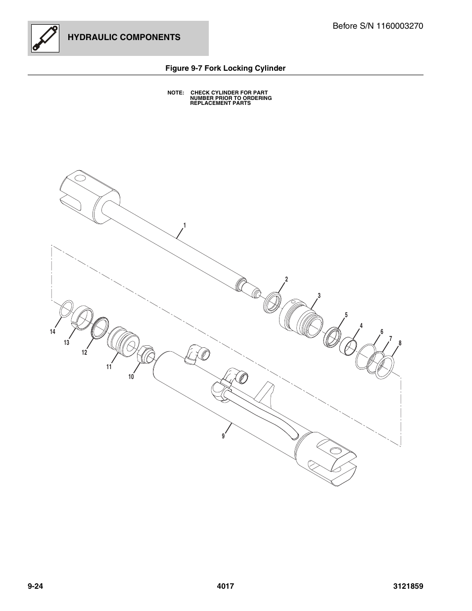 Figure 9-7 fork locking cylinder, Fork locking cylinder -24 | JLG 4017 Parts Manual User Manual | Page 252 / 357