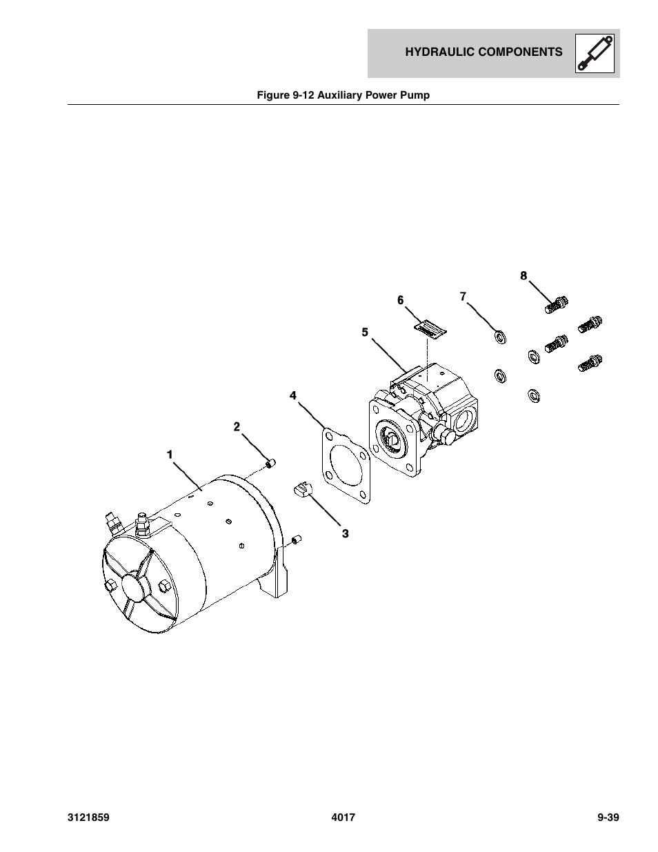 Figure 9-12 auxiliary power pump, Auxiliary power pump -39, Pump, (see figure 9-12 for details) | JLG 4017 Parts Manual User Manual | Page 267 / 357