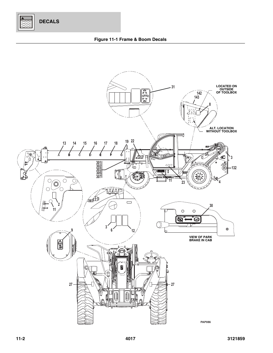 Figure 11-1 frame & boom decals, Frame & boom decals -2, R, (see figure 11-1 for details) | Decals | JLG 4017 Parts Manual User Manual | Page 317 / 357