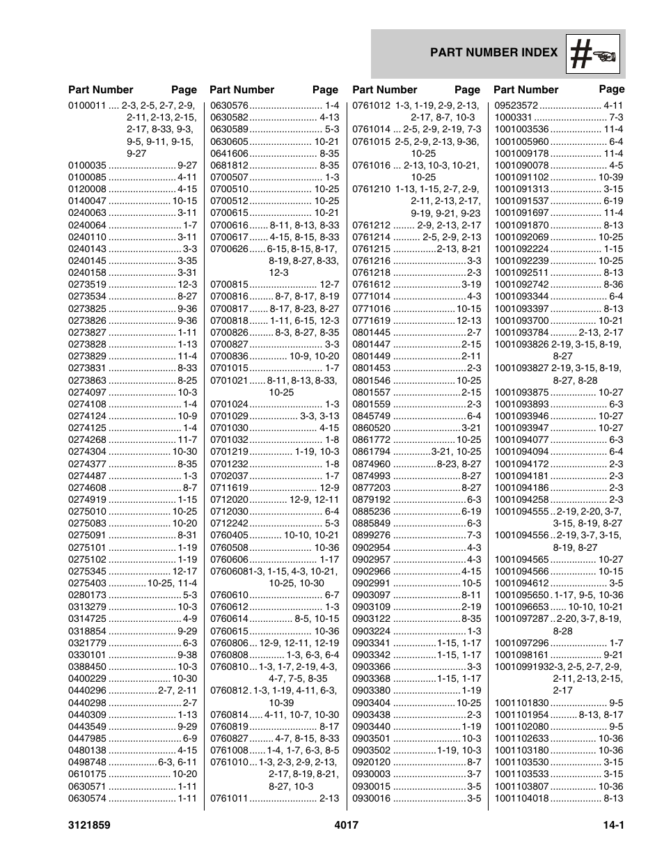 Part number index, Section 14 – part number index -1 | JLG 4017 Parts Manual User Manual | Page 346 / 357