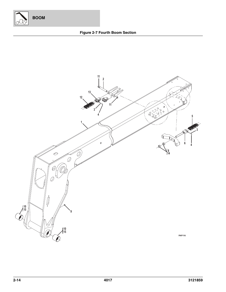 Figure 2-7 fourth boom section, Fourth boom section -14, See figure 2-7, item 5 | See figure 2-7, Ion, (see figure 2-7 for details), Figure 2-7, ite, Ee figure 2-7, i, Boom | JLG 4017 Parts Manual User Manual | Page 42 / 357