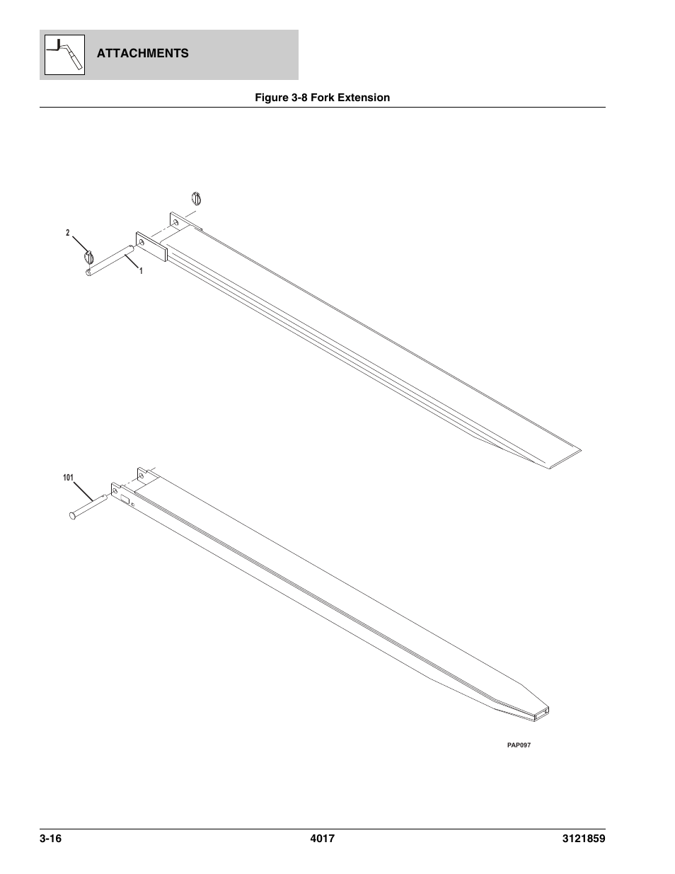 Figure 3-8 fork extension, Fork extension -16 | JLG 4017 Parts Manual User Manual | Page 66 / 357