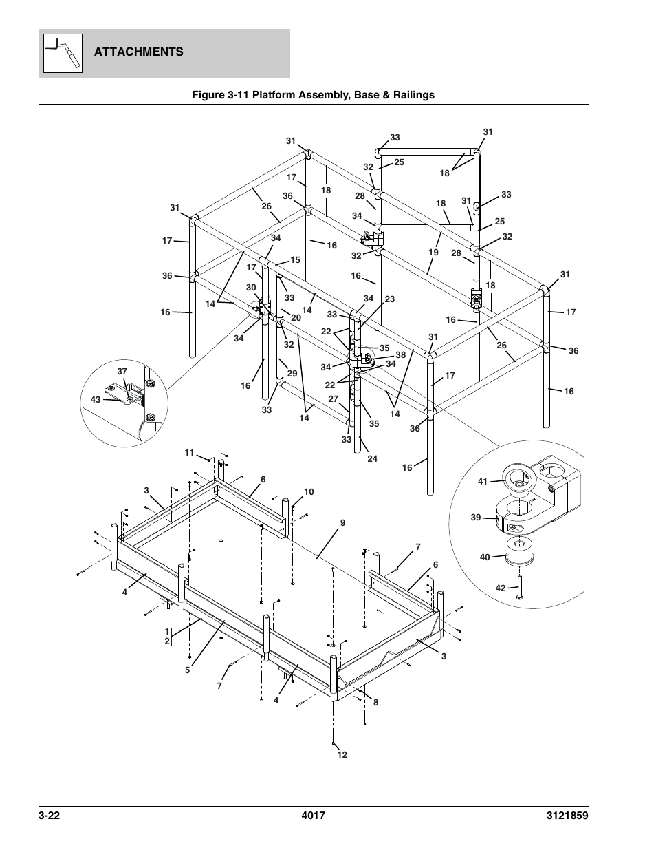 Figure 3-11 platform assembly, base & railings, Platform assembly, base & railings -22, Attachments | JLG 4017 Parts Manual User Manual | Page 72 / 357