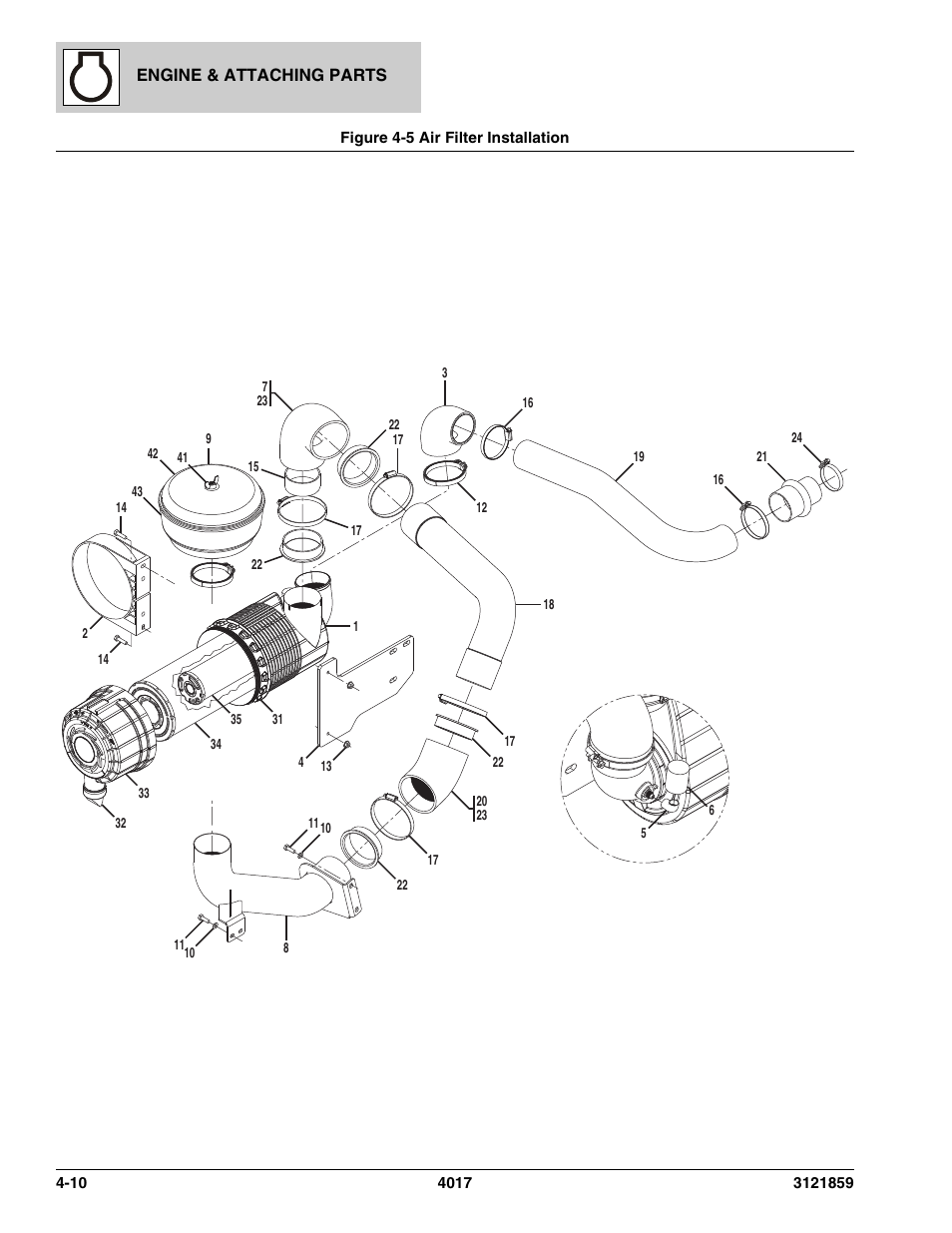 Figure 4-5 air filter installation, Air filter installation -10, Tion, (see figure 4-5 for details) | JLG 4017 Parts Manual User Manual | Page 96 / 357