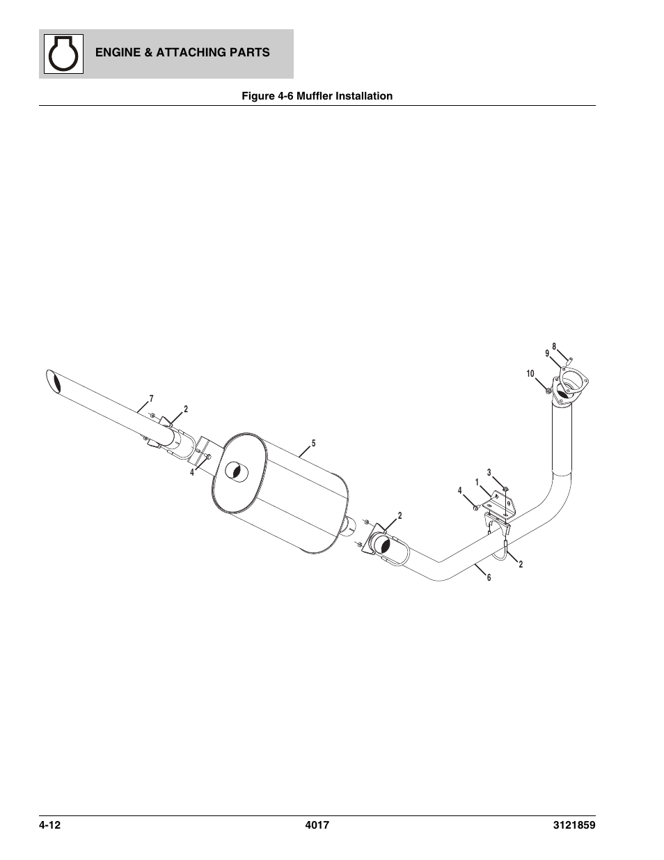 Figure 4-6 muffler installation, Muffler installation -12, Tion | See figure 4-6 for details) | JLG 4017 Parts Manual User Manual | Page 98 / 357