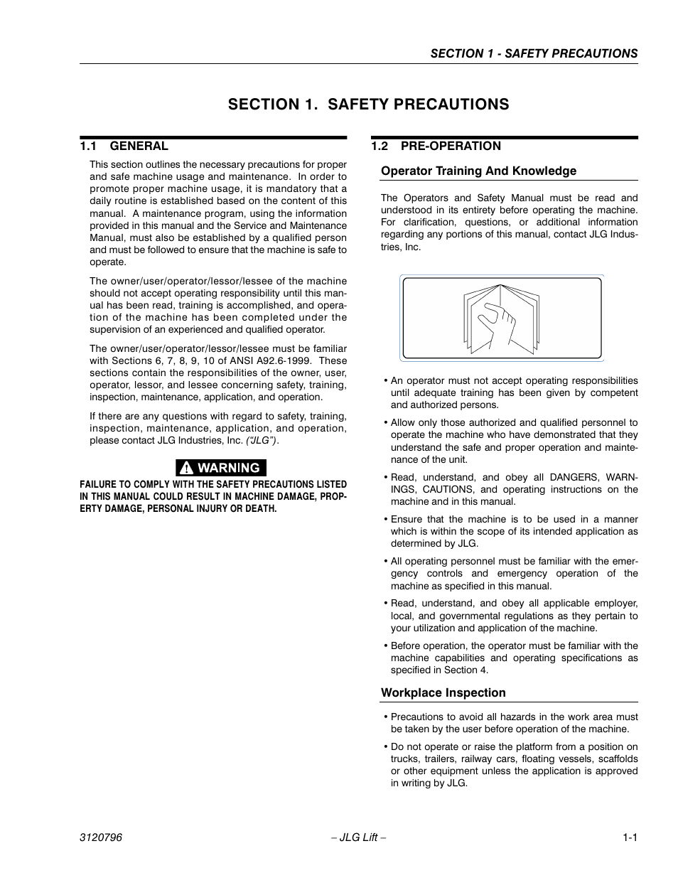 Section 1. safety precautions, 1 general, 2 pre-operation | Operator training and knowledge, Workplace inspection, Section 1 - safety precautions, General -1, Pre-operation -1 | JLG 15VPSP Operator Manual User Manual | Page 11 / 52