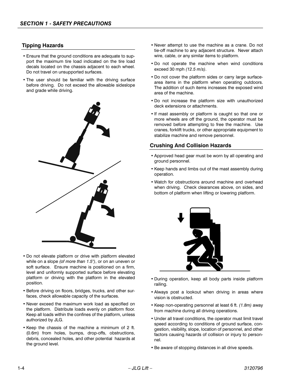 Tipping hazards, Crushing and collision hazards | JLG 15VPSP Operator Manual User Manual | Page 14 / 52