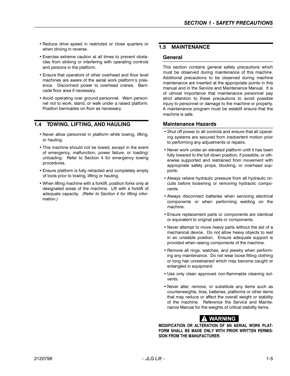 4 towing, lifting, and hauling, 5 maintenance, General | Maintenance hazards, Towing, lifting, and hauling -5, Maintenance -5 | JLG 15VPSP Operator Manual User Manual | Page 15 / 52