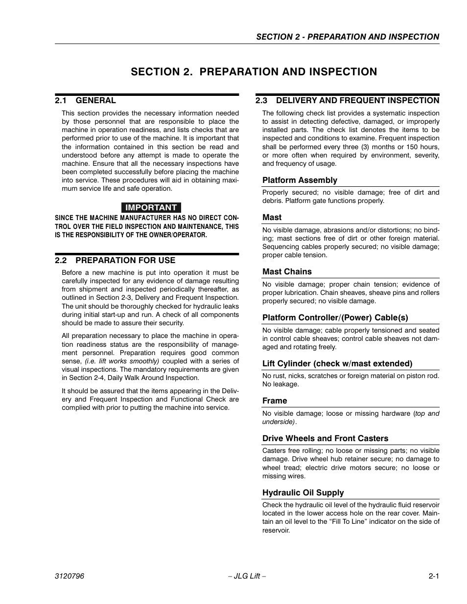 Section 2. preparation and inspection, 1 general, 2 preparation for use | 3 delivery and frequent inspection, Platform assembly, Mast, Mast chains, Platform controller/(power) cable(s), Lift cylinder (check w/mast extended), Frame | JLG 15VPSP Operator Manual User Manual | Page 17 / 52