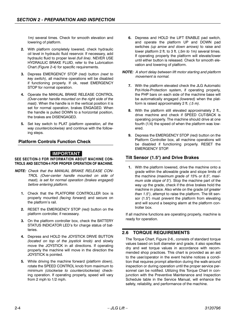 Platform controls function check, Tilt sensor (1.5˚) and drive brakes, 6 torque requirements | Torque requirements -4 | JLG 15VPSP Operator Manual User Manual | Page 20 / 52
