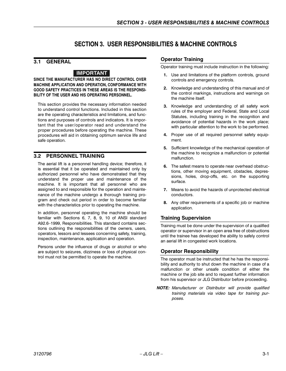 1 general, 2 personnel training, Operator training | Training supervision, Operator responsibility, General -1, Personnel training -1 | JLG 15VPSP Operator Manual User Manual | Page 25 / 52