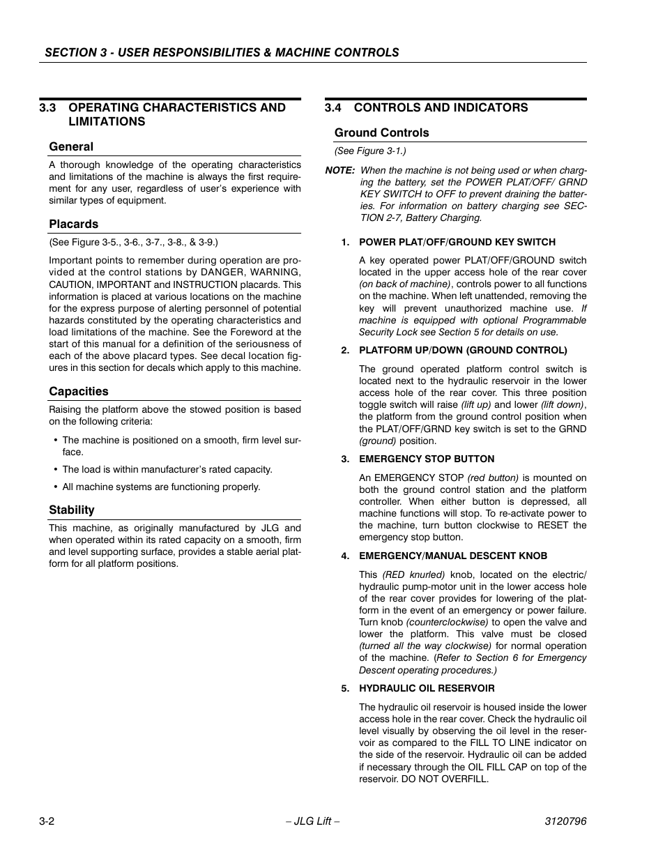 3 operating characteristics and limitations, General, Placards | See figure 3-5., 3-6., 3-7., 3-8., & 3-9.), Capacities, Stability, 4 controls and indicators, Ground controls, See figure 3-1.), Power plat/off/ground key switch | JLG 15VPSP Operator Manual User Manual | Page 26 / 52