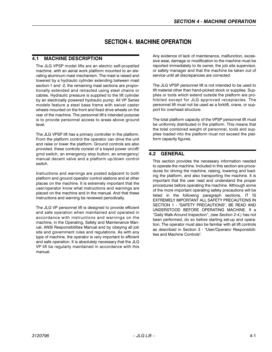 Section 4. machine operation, 1 machine description, 2 general | Section 4 - machine operation, Machine description -1, General -1 | JLG 15VPSP Operator Manual User Manual | Page 35 / 52