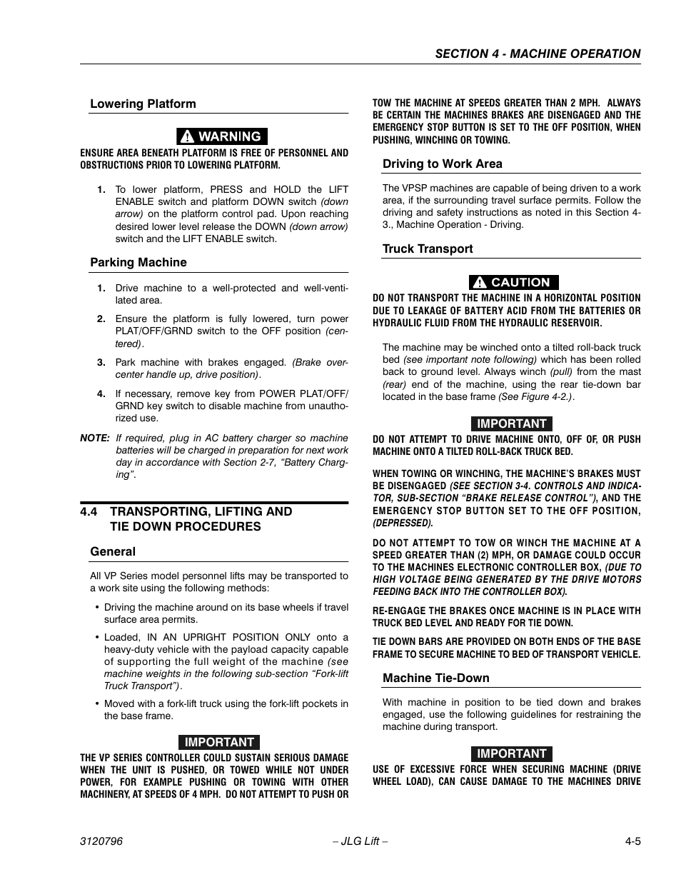 Lowering platform, Parking machine, 4 transporting, lifting and tie down procedures | General, Driving to work area, Truck transport, Machine tie-down, Transporting, lifting and tie down procedures -5 | JLG 15VPSP Operator Manual User Manual | Page 39 / 52