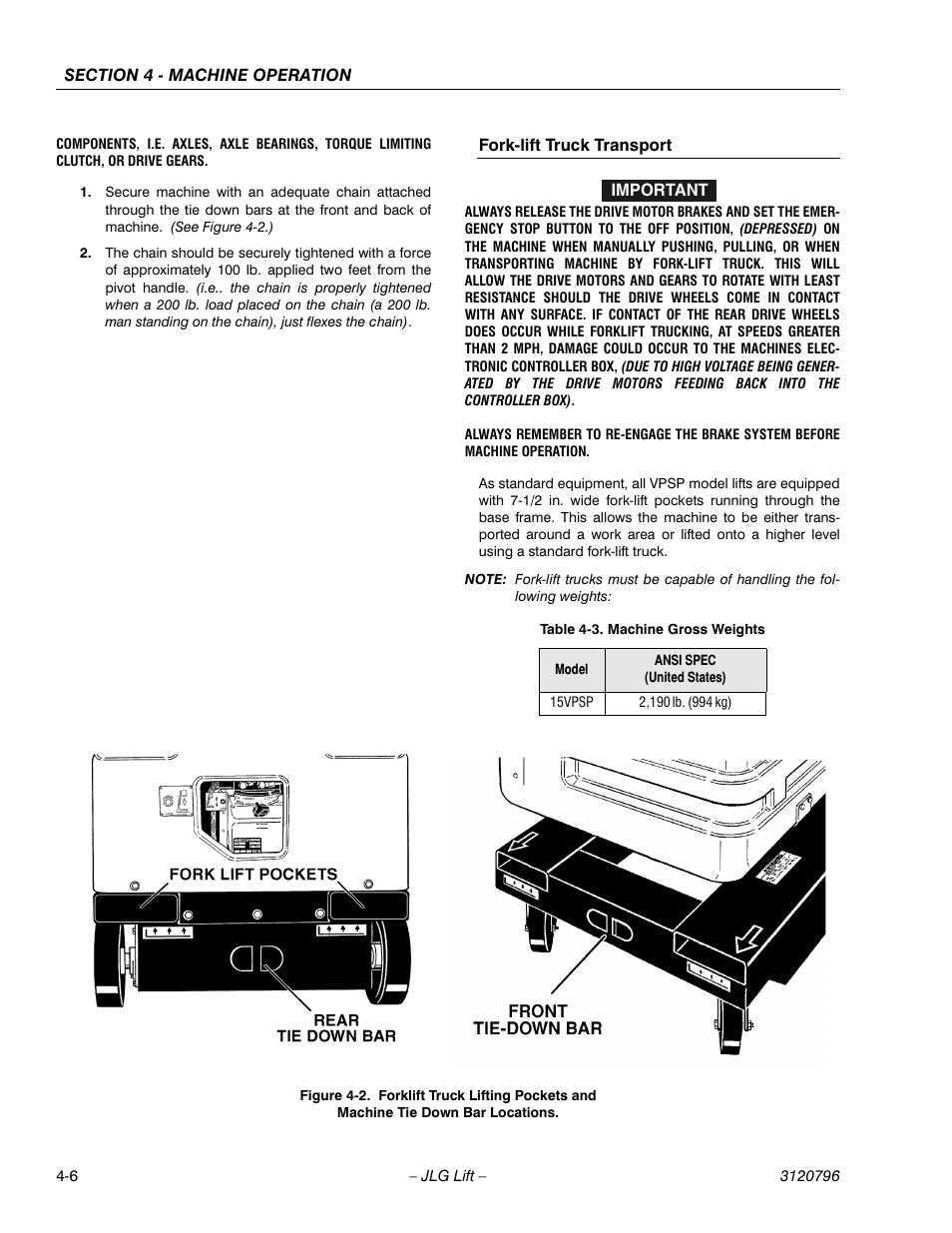 Fork-lift truck transport, Table 4-3. machine gross weights, 15vpsp | 2,190 lb. (994 kg), Machine gross weights -6 | JLG 15VPSP Operator Manual User Manual | Page 40 / 52
