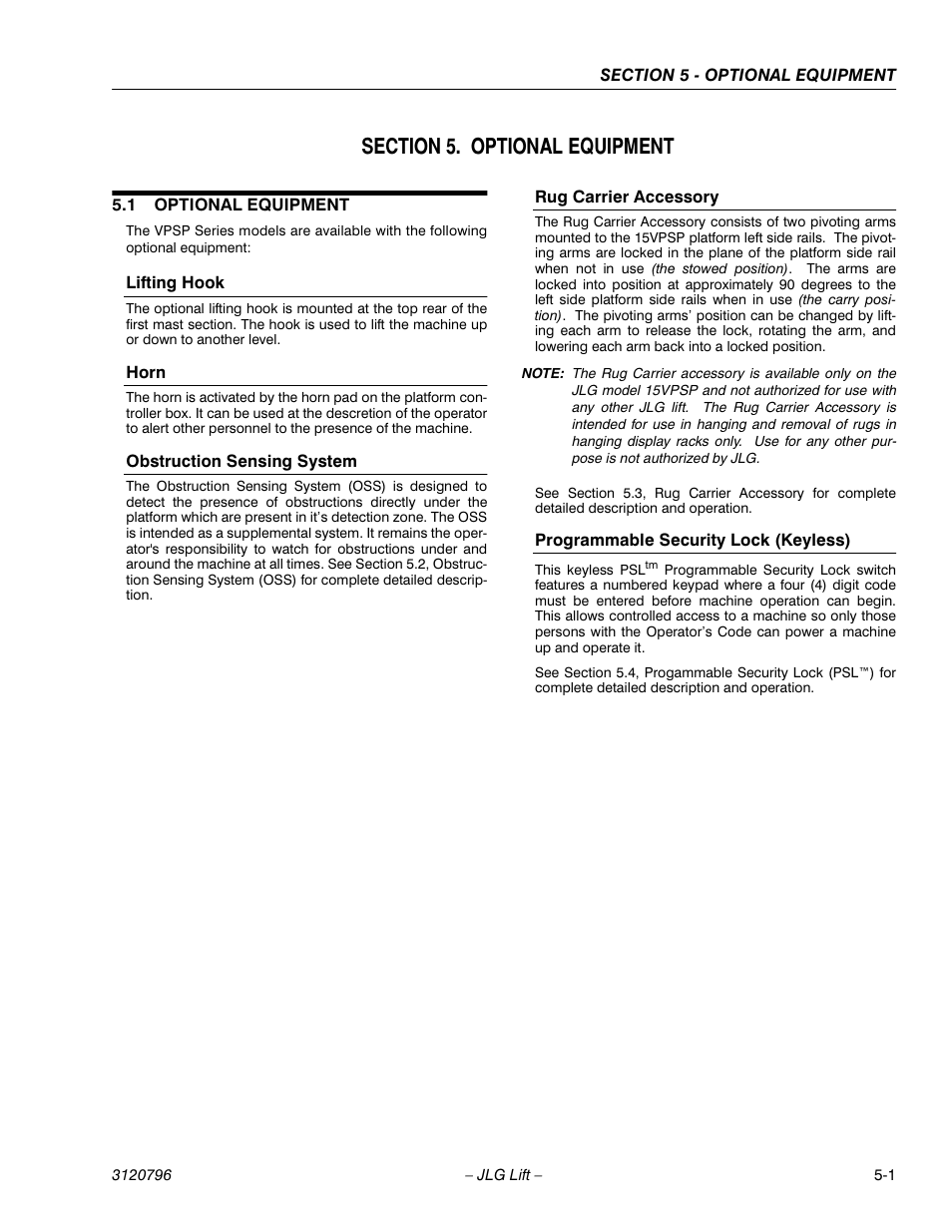 Section 5. optional equipment, 1 optional equipment, Lifting hook | Horn, Obstruction sensing system, Rug carrier accessory, Programmable security lock (keyless), Section 5 - optional equipment, Optional equipment -1 | JLG 15VPSP Operator Manual User Manual | Page 41 / 52
