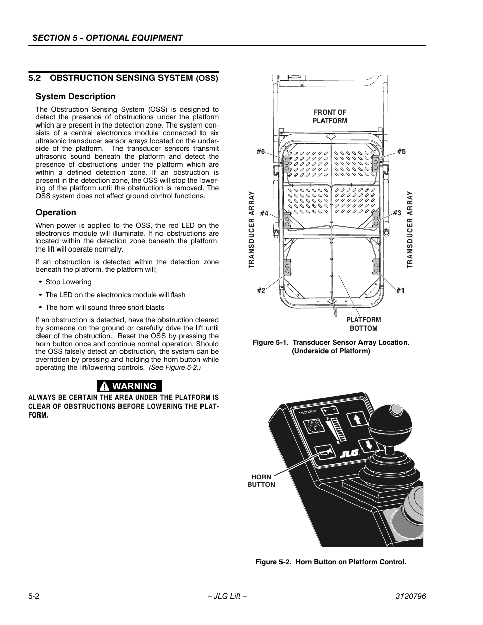 2 obstruction sensing system (oss), System description, Operation | Obstruction sensing system (oss) -2, Horn button on platform control -2 | JLG 15VPSP Operator Manual User Manual | Page 42 / 52