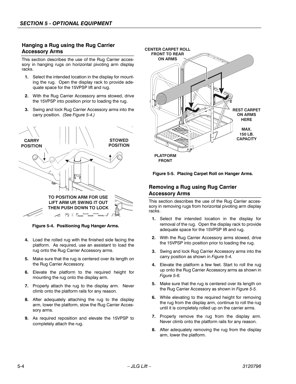 Hanging a rug using the rug carrier accessory arms, Removing a rug using rug carrier accessory arms, Positioning rug hanger arms -4 | Placing carpet roll on hanger arms -4 | JLG 15VPSP Operator Manual User Manual | Page 44 / 52