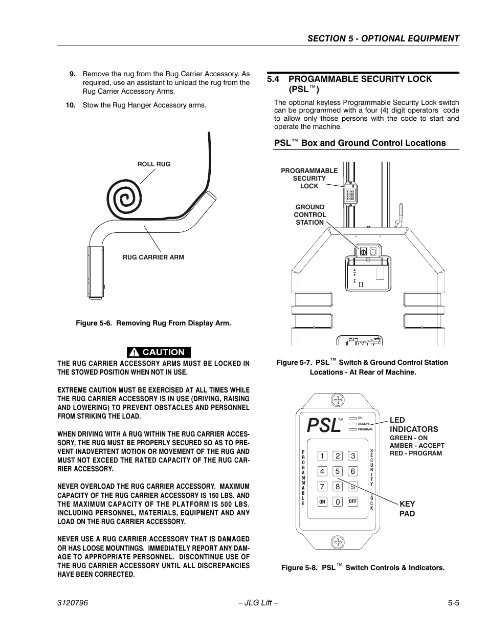 Stow the rug hanger accessory arms, 4 progammable security lock (psl™), Psl™ box and ground control locations | Progammable security lock (psl™) -6, Removing rug from display arm -5, Psl™ switch controls & indicators -6, Figure 5-6 | JLG 15VPSP Operator Manual User Manual | Page 45 / 52
