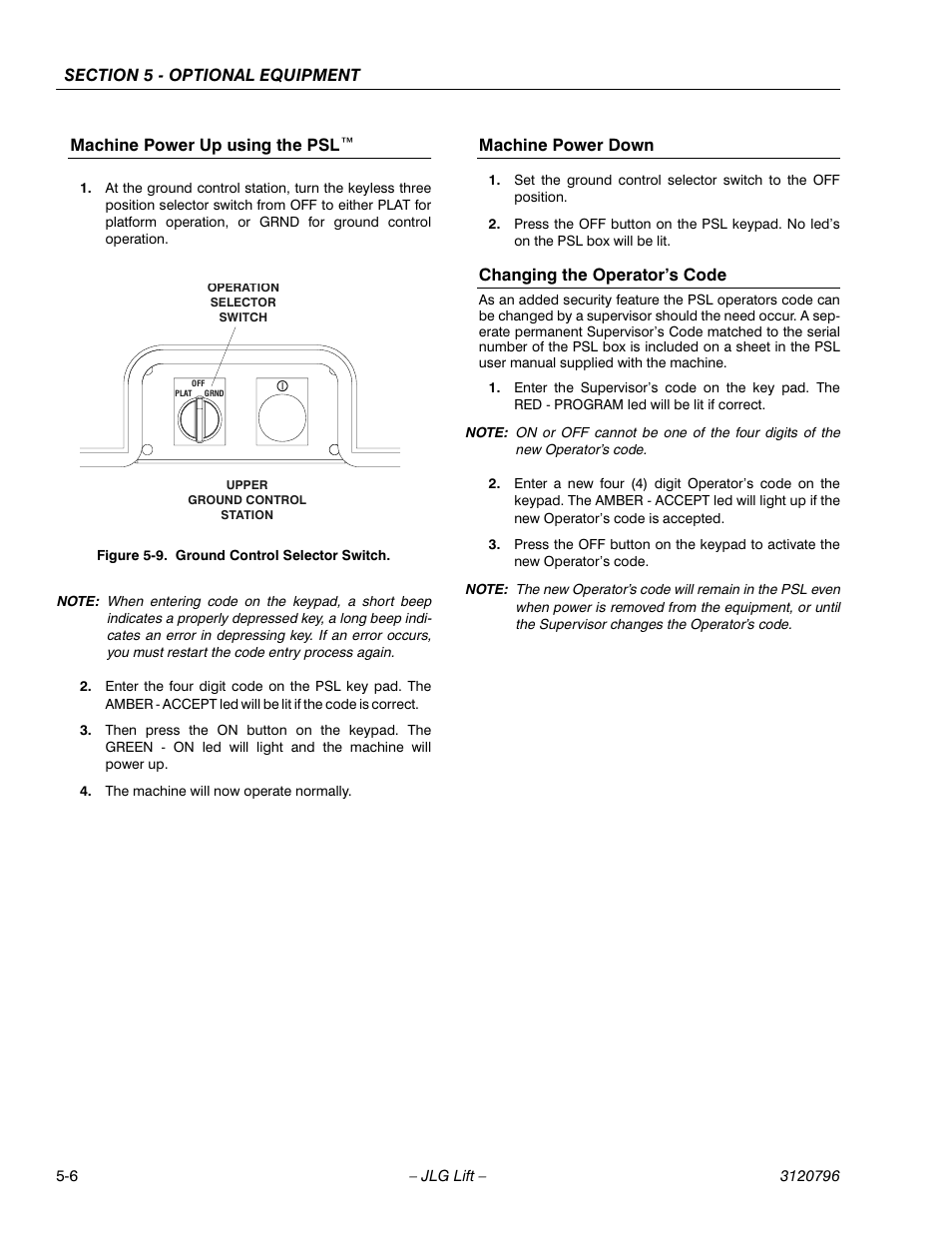 Machine power up using the psl, The machine will now operate normally, Machine power down | Changing the operator’s code, Ground control selector switch -6 | JLG 15VPSP Operator Manual User Manual | Page 46 / 52