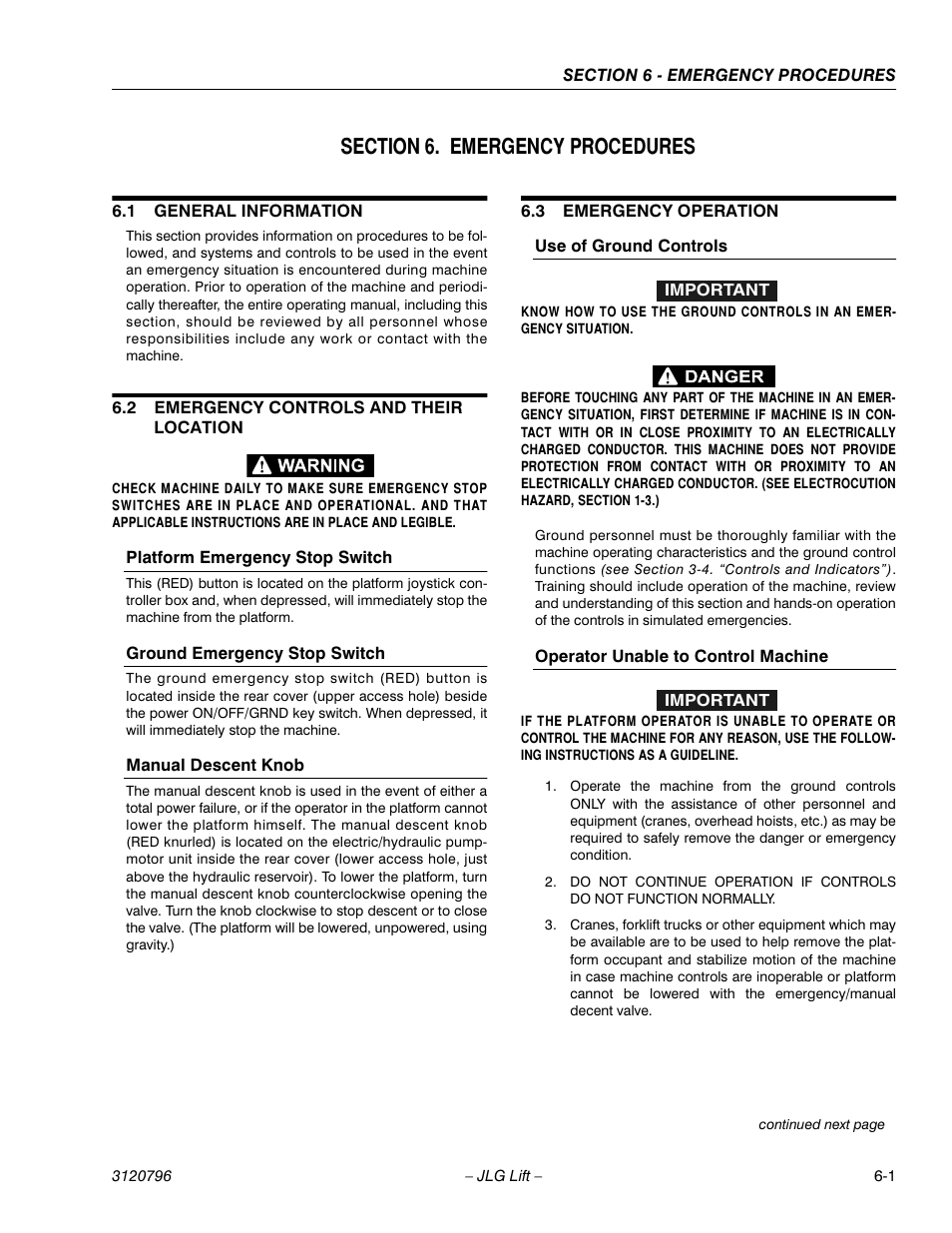 Section 6. emergency procedures, 1 general information, 2 emergency controls and their location | Platform emergency stop switch, Ground emergency stop switch, Manual descent knob, 3 emergency operation, Use of ground controls, Operator unable to control machine, Section 6 - emergency procedures | JLG 15VPSP Operator Manual User Manual | Page 47 / 52