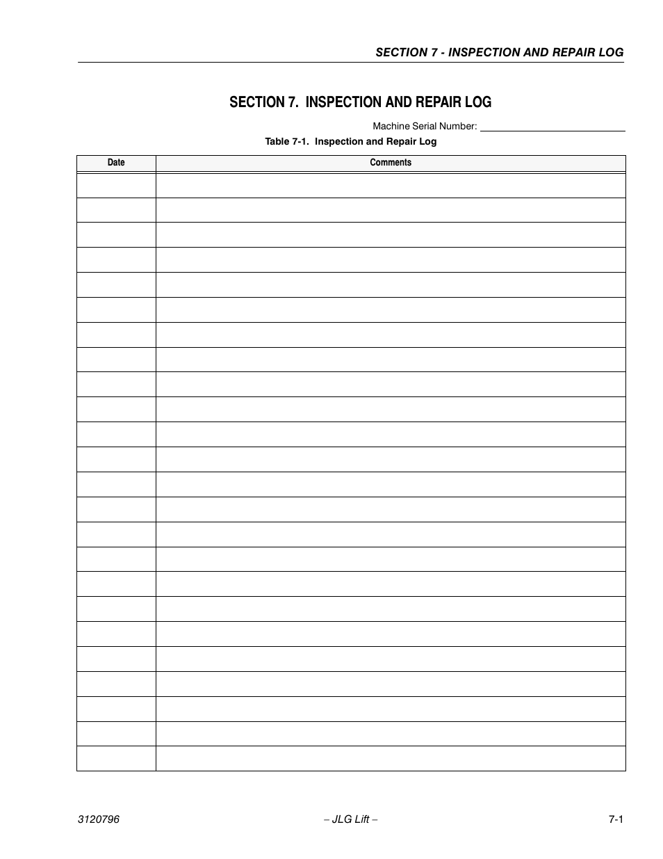 Machine serial number, Section 7. inspection and repair log, Table 7-1. inspection and repair log | Section 7 - inspection and repair log, Inspection and repair log -1 | JLG 15VPSP Operator Manual User Manual | Page 49 / 52