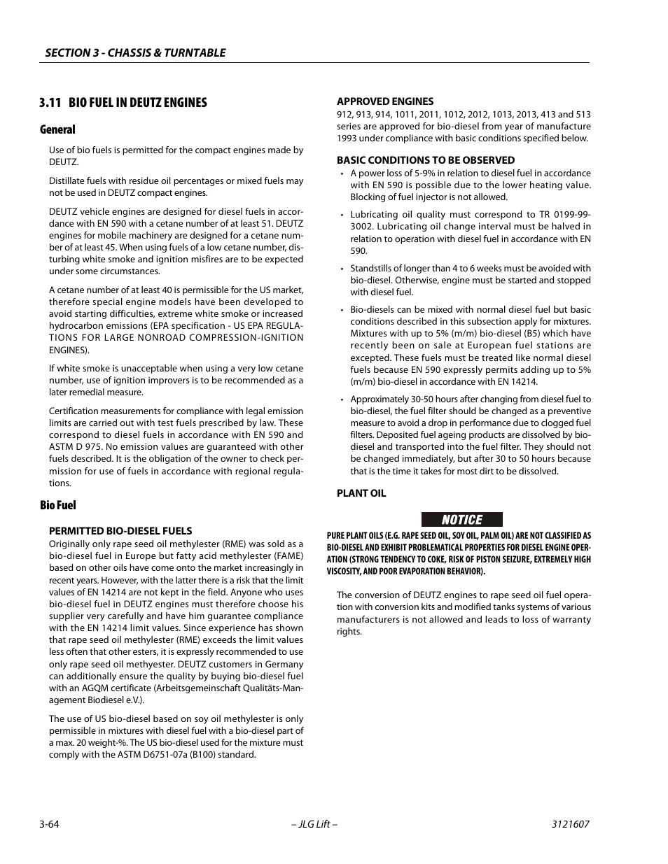 11 bio fuel in deutz engines, General, Bio fuel | Permitted bio-diesel fuels, Approved engines, Basic conditions to be observed, Plant oil, Bio fuel in deutz engines -64, General -64 bio fuel -64 | JLG 600SC_660SJC Service Manual User Manual | Page 100 / 270