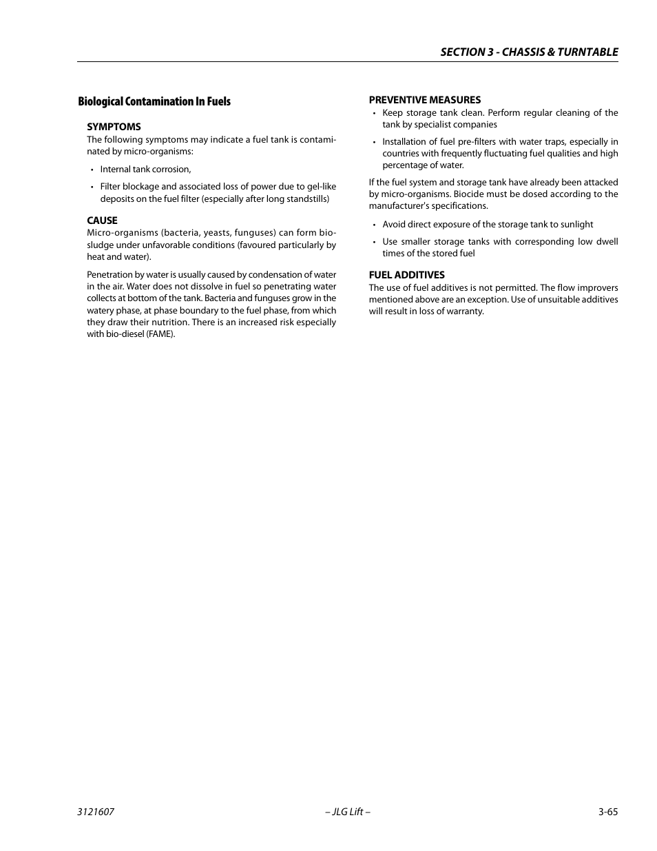Biological contamination in fuels, Symptoms, Cause | Preventive measures, Fuel additives, Biological contamination in fuels -65 | JLG 600SC_660SJC Service Manual User Manual | Page 101 / 270