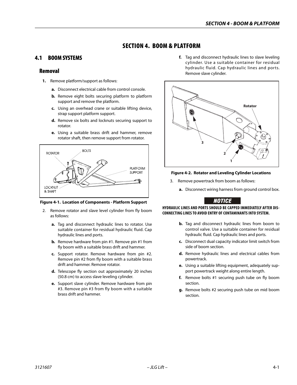 Section 4. boom & platform, 1 boom systems, Removal | Section, 4 - boom & platform, Boom systems -1, Removal -1, Location of components - platform support -1, Rotator and leveling cylinder locations -1, 1 boom systems removal | JLG 600SC_660SJC Service Manual User Manual | Page 103 / 270