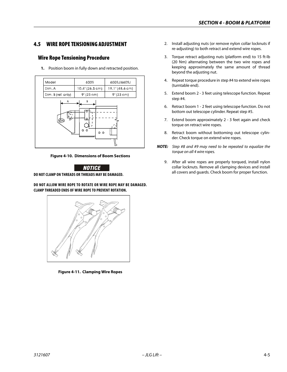 5 wire rope tensioning adjustment, Wire rope tensioning procedure, Wire rope tensioning adjustment -5 | Wire rope tensioning procedure -5, Dimensions of boom sections -5, Clamping wire ropes -5 | JLG 600SC_660SJC Service Manual User Manual | Page 107 / 270