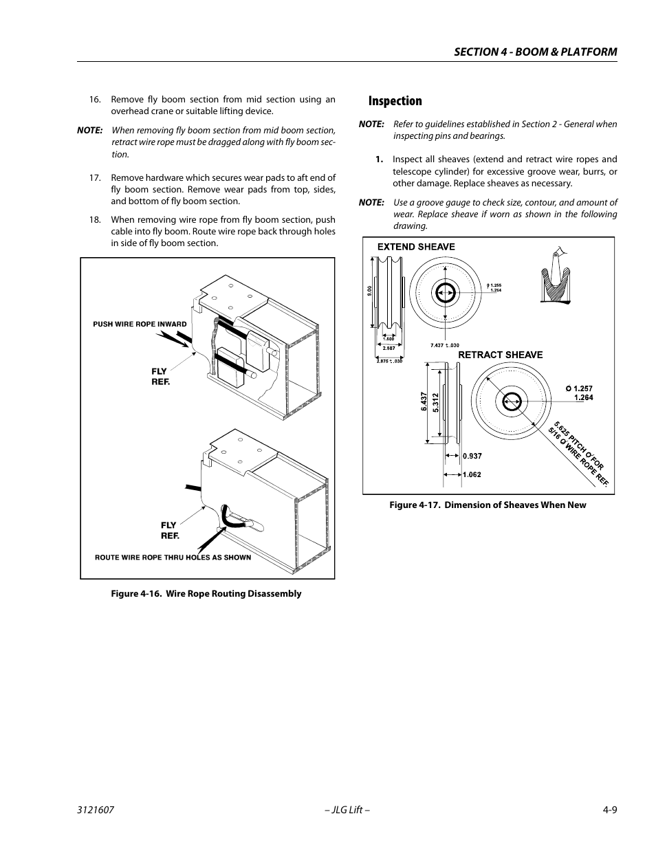 Inspection, Inspection -9, Wire rope routing disassembly -9 | Dimension of sheaves when new -9 | JLG 600SC_660SJC Service Manual User Manual | Page 111 / 270